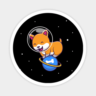 Cute Dog Playing On Planet Cartoon Magnet